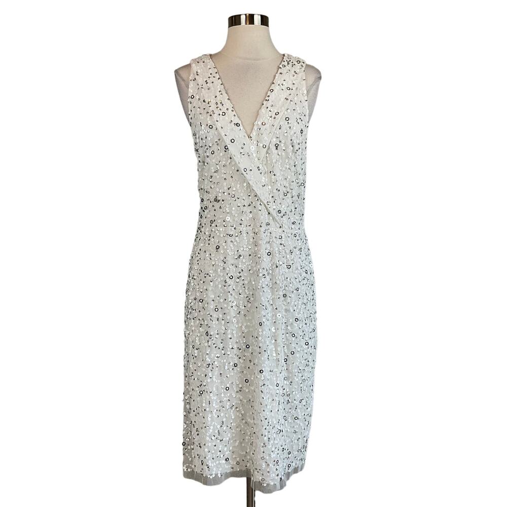 Adrianna Papell Sequin Sleeveless Sheath Cocktail Dress White and Silver Size 8 - Picture 2 of 13